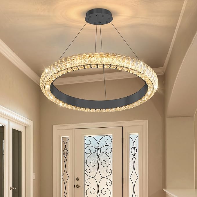 24" Ring Modern LED Dimmable Crystal Chandelier Adjustable Height Pendant Light Round Crystal Chandelier Light Fixtures for Dining Room Living Room Kitchen Island Black