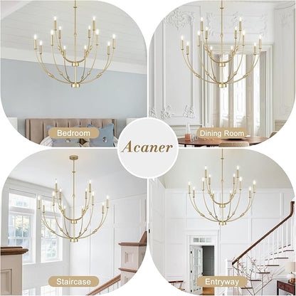 35" Large Chandeliers for Dining Room, Modern Gold 12-Lights Candle Style 2-Tiers Hanging Light Fixture for High Ceiling Living Room Foyer Staircase