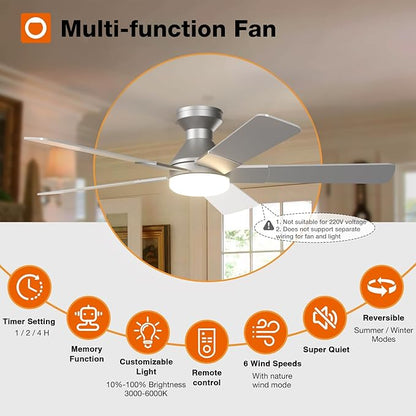 addlon Ceiling Fans with Lights, 52 Inch Low Profile Ceiling Fan with Light and Remote Control, Flush Mount, Reversible, 3CCT, Dimmable, Quiet, Silver Ceiling Fan for Bedroom Indoor/Outdoor Use