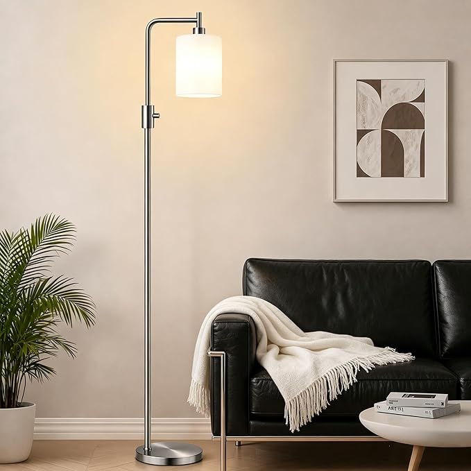 【Upgraded】Dimmable Floor Lamps for Living Room with Frosted White Glass Lampshade, Modern Industrial Floor Lamp with 900LM Bulb Included, Standing Tall Lamp for Bedroom, Office, Reading Room, Nickel