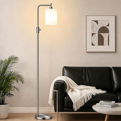 【Upgraded】Dimmable Floor Lamps for Living Room with Frosted White Glass Lampshade, Modern Industrial Floor Lamp with 900LM Bulb Included, Standing Tall Lamp for Bedroom, Office, Reading Room, Nickel