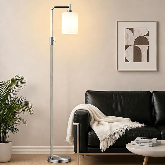 【Upgraded】Dimmable Floor Lamps for Living Room with Frosted White Glass Lampshade, Modern Industrial Floor Lamp with 900LM Bulb Included, Standing Tall Lamp for Bedroom, Office, Reading Room, Nickel