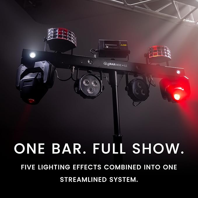 CHAUVET DJ – GigBAR Move + ILS 5-In-1 Lighting System | Moving Heads, Derbies, Washes, Laser & Strobe on One Bar | ILS Compatible | RF Remote, Tripod & Carry Bags Included