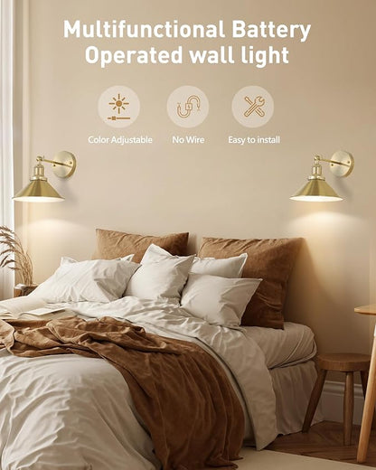 Bailoch Gold Vintage Wireless Battery Operated Wall Sconces, Rechargeable Cordless Battery Powered Led Wall Lights Set of 2, Wall Lamp Fixture Indoor with Remote Control for Bedroom Farmhouse Gallery