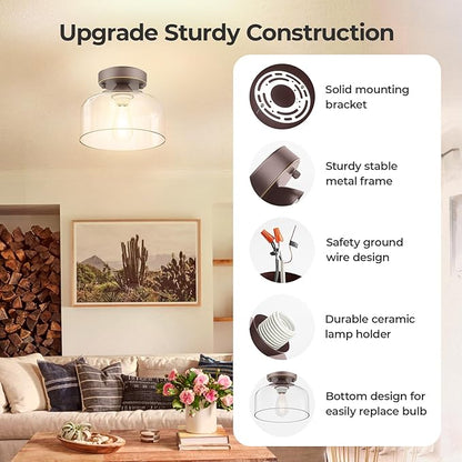 LACCEN Semi Flush Mount Ceiling Light Bronze, Clear Glass Pendant Lamp Shade, Modern Farmhouse Light Fixture for Hallway Corridor Kitchen Entryway Bedroom, Bulb Not Included