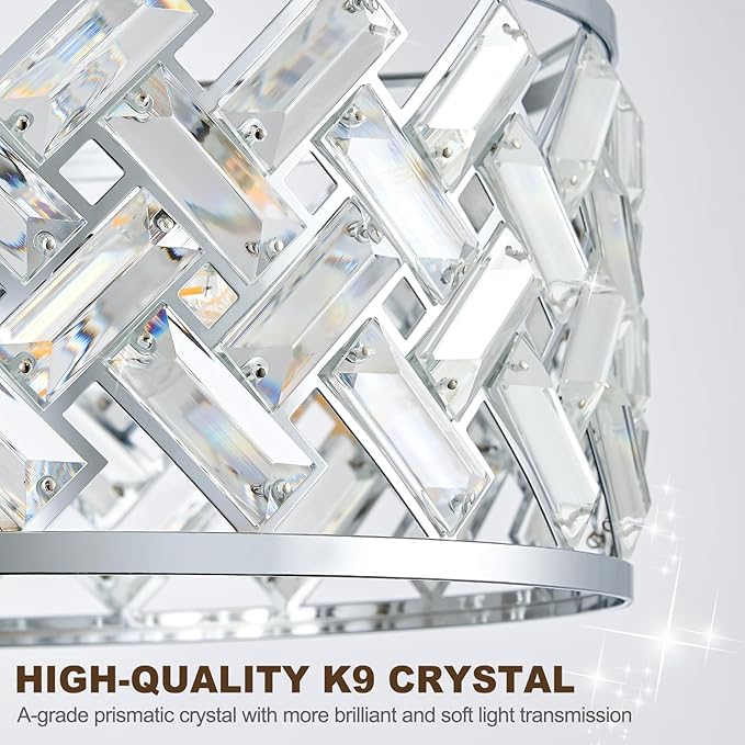 Chrome Crystal Chandelier, 4-Light Morden Dining Room Light Fixture,15.16" Round Semi Flush Mount Chandeliers for Kitchen Foryer Entryway Hallway Living Room Bedroom (ETL Listed)