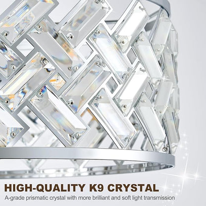 Chrome Crystal Chandelier, 3-Light Morden Dining Room Light Fixture,12.4" Small Round Semi Flush Mount Chandeliers for Kitchen Foryer Entryway Hallway Living Room Bedroom (ETL Listed)