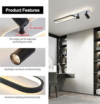 47.24In Modern LED Ceiling Light with 2 Spotlights 60W Black Linear Flush Mount Light Fixture with Remote Dimmable(3000-6000K) Long Kitchen Ceiling lamp for Living Room Bedroom Laundry Room