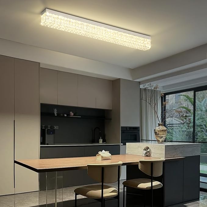 ykolupty L48 Rectangular Chandelier Flush Mount Rectangle Chandelier Modern K9 Crystal Chandeliers Light Fixture for Dining Room Bedroom Bar Silver Crystal Ceiling Lights