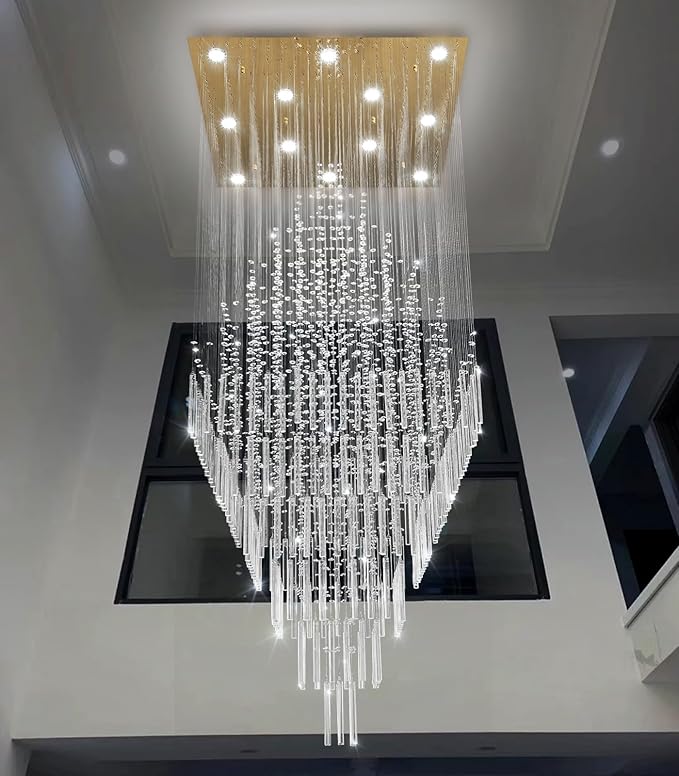 HAIXIANG W32 x H120 Glam Chandelier with LED Bulbs Square Chandeliers, Crystal Raindrop High Ceiling Pendant Light for Entrance Large Villa Foyer Lighting Fixtures Gold