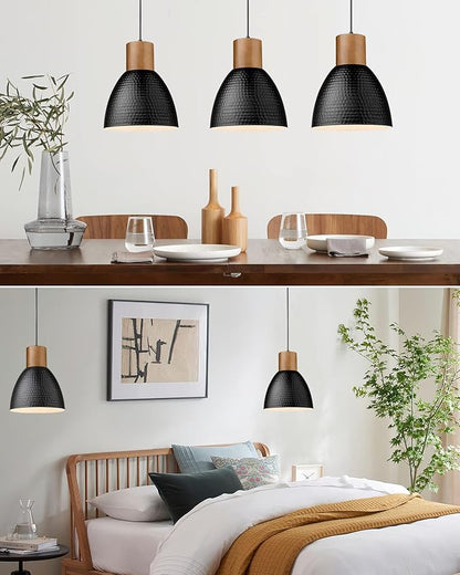 ELYONA Hammered Pendant Light, 10.2” Industrial Hanging Lamp with Solid Wood & Metal Shade, Modern Pendant Light Fixtures for Kitchen Island, Bar, Farmhouse Dining Room, Bedroom, Living Room, Black