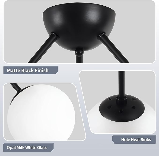 Bagood 3-Light Mid Century Modern Semi Flush Mount Ceiling Light, Opal Glass Globe & Matte Black, Dimmable, UL Certified, for Bedroom, Kitchen, Living Room (Bulb Incl.)