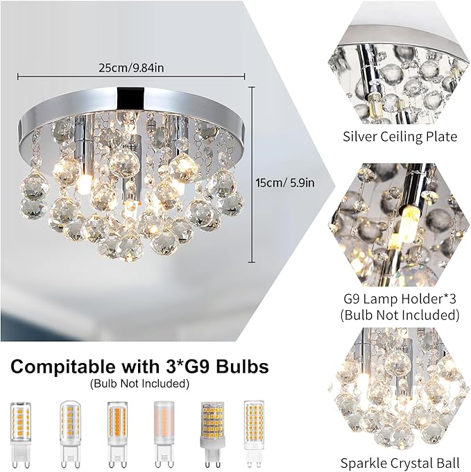 TISLYCO Modern Raindrop Crystal Chandelier, 3 Lights Flush Mount Ceiling Light, Silver Modern Mini Ceiling Light Fixture for Bedroom, Dining Room, Living Room, Hallway, Closet, Bathroom