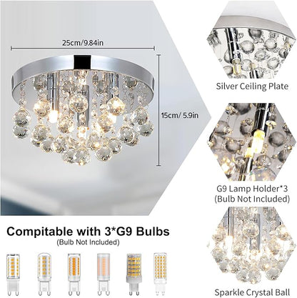 TISLYCO Modern Raindrop Crystal Chandelier, 3 Lights Flush Mount Ceiling Light, Silver Modern Mini Ceiling Light Fixture for Bedroom, Dining Room, Living Room, Hallway, Closet, Bathroom