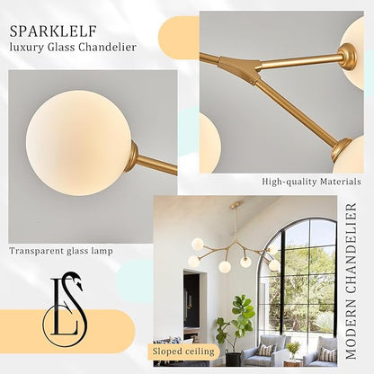 Modern 6 Lights Sputnik Chandelier for Dining Room L45’’ Gold Pendant Light Fixture with Milk Glass Shade Large Mid Century Chandelier for Kitchen Island Bedroom Living Room