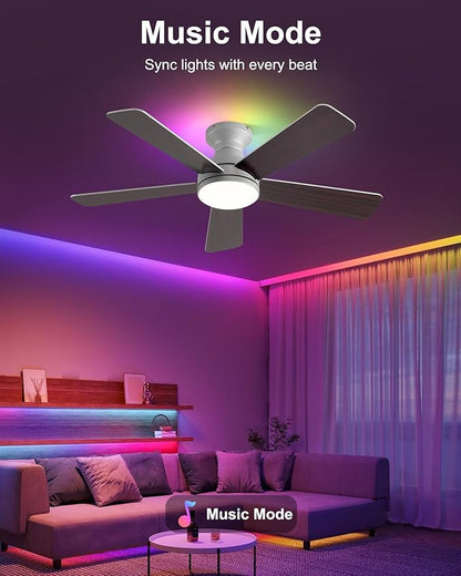 42 Inch Ceiling Fans with Lights, Smart Ceiling Fan with Alexa Google App, Silver Ceiling Fan with RGB Lights Remote, 6 Speeds Reversible DC Motor, Modern Flush Mount for Bedroom Living Room