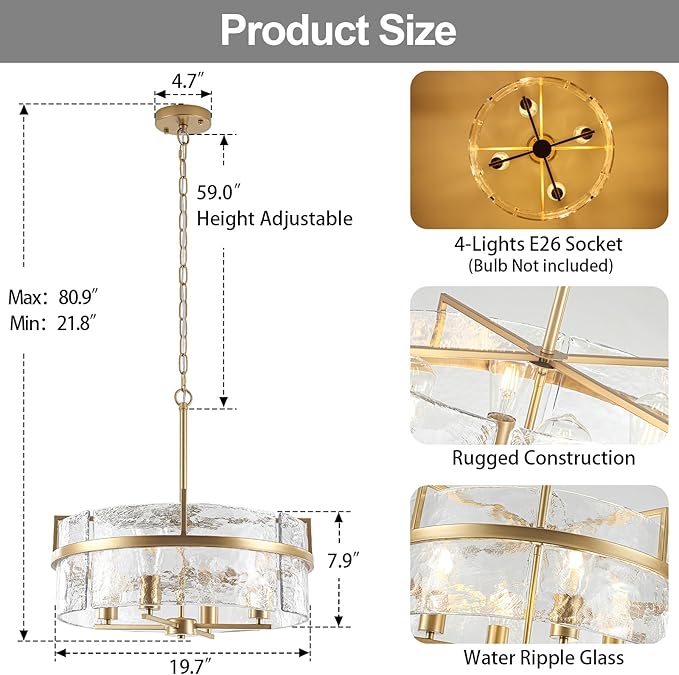 Modern Glass Chandelier,19.7" Gold Dining Room Light Fixtures Over Table Hanging Pendant Light Large Crystal Drum Chandelier for Entryway Foyer Living Room Kitchen Bedroom Bathroom,4-Light E26