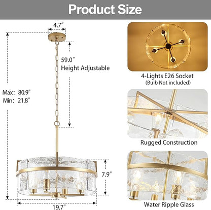 Modern Glass Chandelier,19.7" Gold Dining Room Light Fixtures Over Table Hanging Pendant Light Large Crystal Drum Chandelier for Entryway Foyer Living Room Kitchen Bedroom Bathroom,4-Light E26