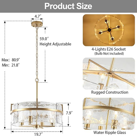 Modern Glass Chandelier,19.7" Gold Dining Room Light Fixtures Over Table Hanging Pendant Light Large Crystal Drum Chandelier for Entryway Foyer Living Room Kitchen Bedroom Bathroom,4-Light E26