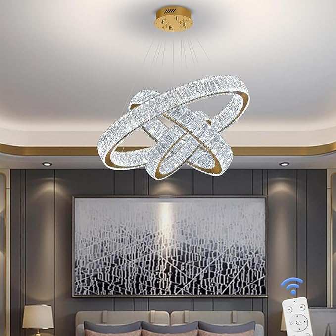 Modern Led Gold Ring Chandelier Luxury 3 Ring Crystal Chandelier Led Dimmable Light for Dining Room Height Adjustable Led Pendant Light 32''+24''+16''