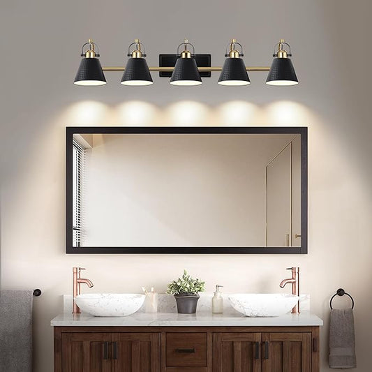 5-Lights Black and Gold Vanity Light, 40inch Modern Farmhouse Vanity Lights, Bathroom Light Fixtures Over Mirror with Hammered Metal Shade, Brushed Gold Wall Lamp for Bath Mirror Living Room Cabinet