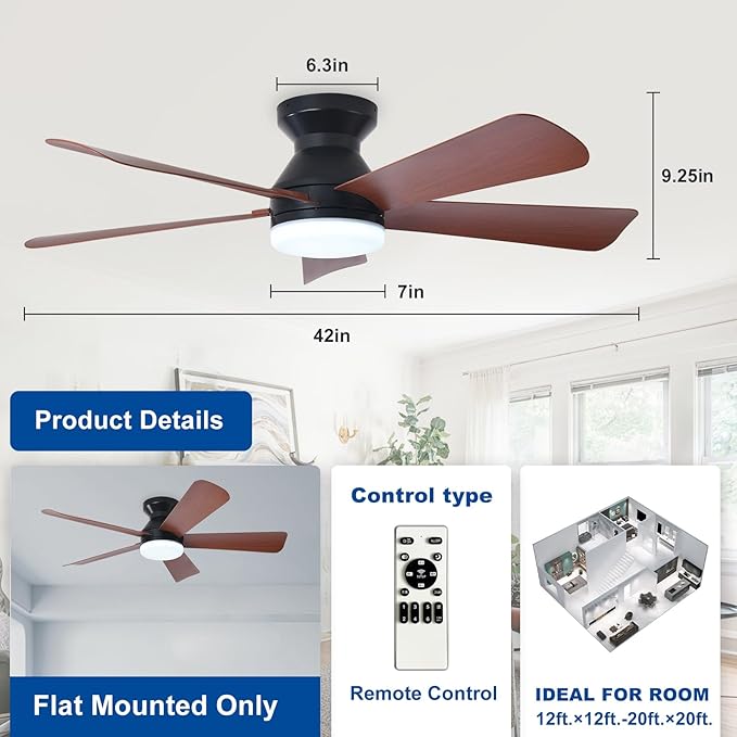 42-Inch Ceiling Fans with Lights: Walnut Low Profile Ceiling Fan with Light and Remote Control - Reversible Flush Mount Fans - 3CCT Dimmable Small Ceiling Fan for Bedroom Indoor/Outdoor Use
