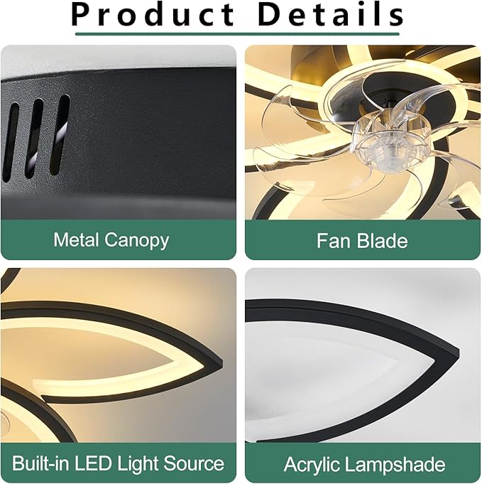 30inch Black Flower Modern CeilingFans with Lights, Low Profile Ceiling Fan with Remote for bedroom, Flush Mount Ceiling Fan with LED Dimmable Light,6-Speeds, Timing Ceiling Fan Light