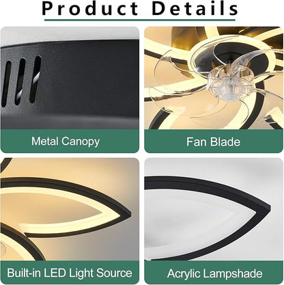 30inch Black Flower Modern CeilingFans with Lights, Low Profile Ceiling Fan with Remote for bedroom, Flush Mount Ceiling Fan with LED Dimmable Light,6-Speeds, Timing Ceiling Fan Light