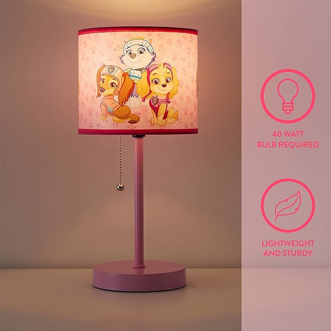 Paw Patrol Stick Table Lamp for Kids – Featuring Everest, Liberty & Skye, Pull Chain On/Off, Printed Decorative Shade, Perfect for Bedroom, Nursery or Playroom