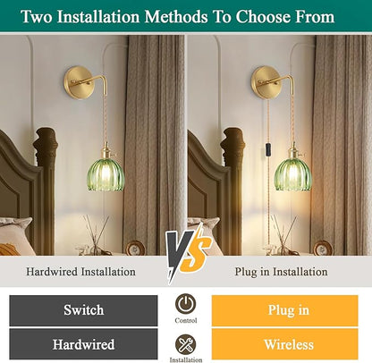 Plug-in Wall Sconce (Set of 2), Vintage Wall Decorative Lamp with Green Glass Shade, Indoor Plug-in Wall Sconce for Bedroom, Living Room, Bathroom, Hallway