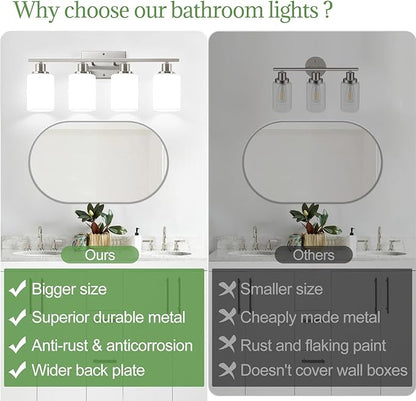 Indoi 4-Light Bathroom Light Fixtures, Brushed Nickel Vanity Lights with Milk Glass Shades, Modern Bathroom Wall Lamp for Mirror Living Room Bedroom Porch