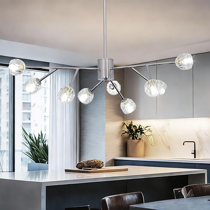 Depuley Modern Chrome Sputnik Chandelier: 9-Light Crystal Glass Chandelier for Dining Room - Kitchen Table Light Fixture Mid Century Hanging Lamp Height Adjustable for Foyer (Included G9 Bulbs)