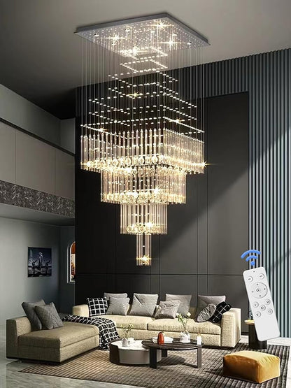 Flashing God D32''X H110'' High Ceiling Chandelier Crystal Raindrop Chandeliers Staircase Large Chandelier Villa Entrance Foyer Hanging Light High Ceiling Pendant Light Fixture with LED Dimmable