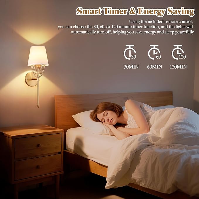 Battery Operated Wall Sconce Set of 2, Gold Rechargeable Wireless Wall Lights, with 5000mAh RGB Dimmable Bulbs and Remote, 15 Colors Wall Lamps Sconces Wall Decor for Bedroom Living Room Hallway