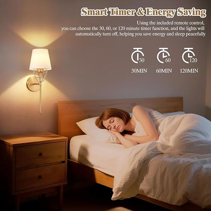 Battery Operated Wall Sconce Set of 2, Gold Rechargeable Wireless Wall Lights, with 5000mAh RGB Dimmable Bulbs and Remote, 15 Colors Wall Lamps Sconces Wall Decor for Bedroom Living Room Hallway