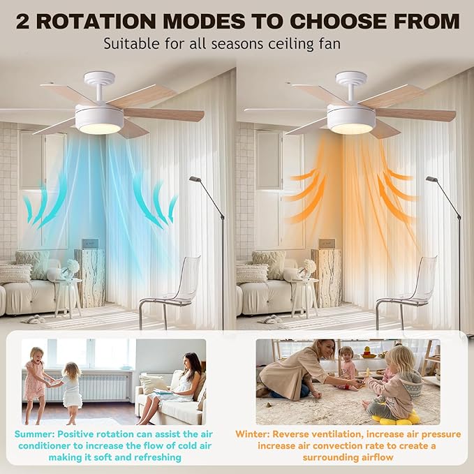 SHOWDI Ceiling Fan with Lights and Remote, 6 Blade App Control Timer Reversible Stepless Brightness and Color Temperature Outdoor Wood Ceiling Fan with Lights (White, 42 Inch)
