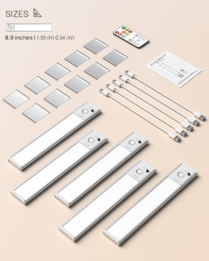 Under Cabinet Lights Wireless, Motion Sensor Light Indoor, Stick On Magnetic Closet Lights with Remote, 3 Color Temps & Dimmable, LED Rechargeable Under Counter Lights for Kitchen, Wardrobe, Stairs