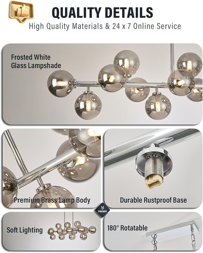 55 Inch Long Chandeliers for Dining Room Kitchen Island, Large Globe Sputnik Linear Chandelier, 16 Lights Mid Century Modern Light Fixture Over Table, Chrome and Smoke Grey Bubble, GC-08