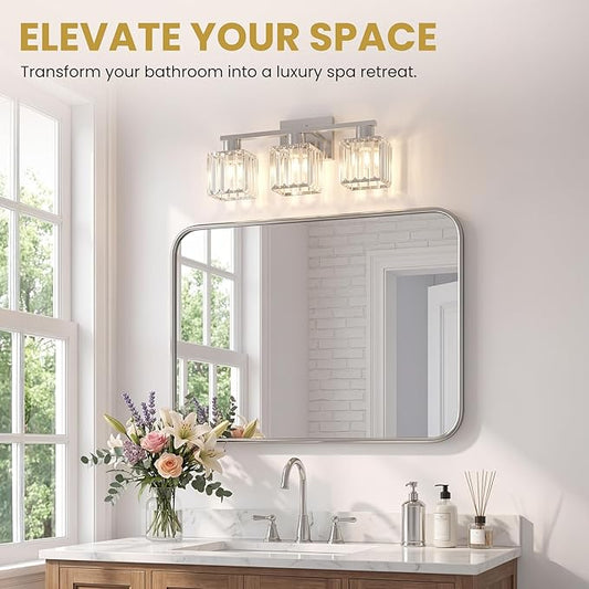 Crystal Bathroom Light Fixtures, 3-Light Brushed Nickel, Vanity Lights for Bathroom Over Mirror, Modern Bath Wall Sconce for Mirror Bedroom Living Room