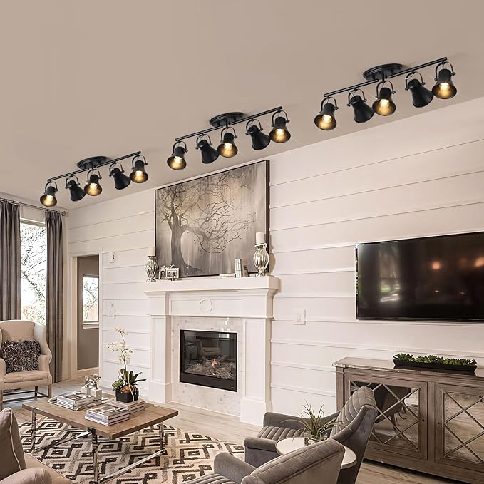 5-Light Track Lighting Kit, Directional Ceiling Light, Industrial Black Kitchen Track Lighting Fixtures Ceiling for Kitchen, Living Room, Dining Room, Hallway.