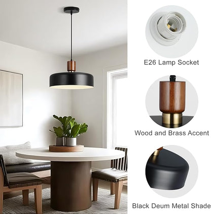 Industrial Pendant Light, Rubber Wood Dome Hanging Lamp with 15.8" Hammered Metal Shade, Black Modern Light Fixtures for Kitchen Island, Living Room,Restaurant,Farmhouse Dining Room, Bedroom, Hallway