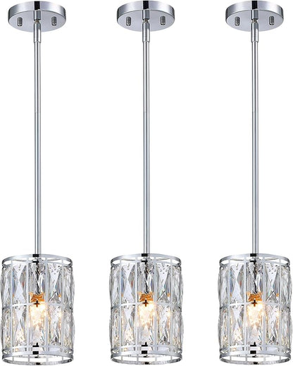 3-Pack Crystal Pendant Light, Modern Chrome Finish Hanging Lighting with Clear Crystal, Adjustable Height Mini Island Light Fixture for Kitchen, Dining Room and Living Room