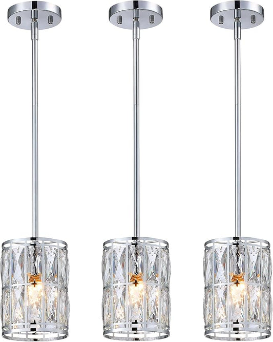 3-Pack Crystal Pendant Light, Modern Chrome Finish Hanging Lighting with Clear Crystal, Adjustable Height Mini Island Light Fixture for Kitchen, Dining Room and Living Room