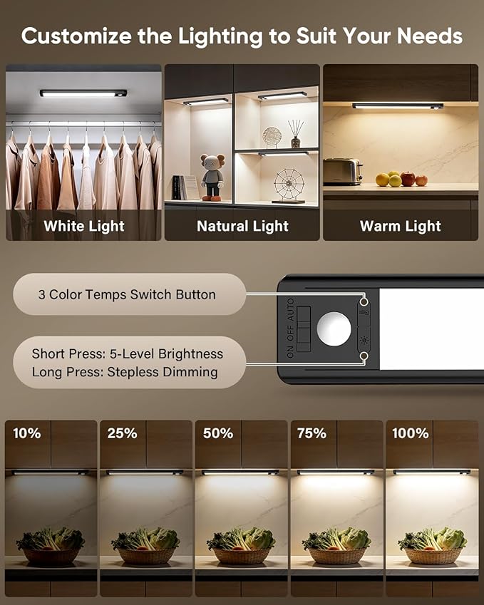 MCGOR 5 Pack 10inch Under Cabinet Lighting, Rechargeable Motion Sensor Light Indoor with 3 Color Temps, Dimmable Magnetic Led Closet Lights, Wireless Under Counter Lights for Kitchen, Stairs,Black