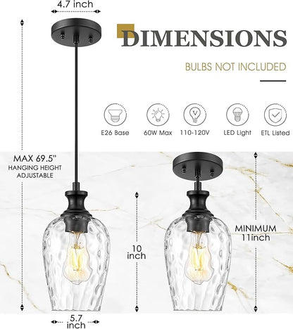 2-Pack Pendant Lights Kitchen Island, Black Hanging Lights Fixtures with Hand-Blown Hammered Clear Glass, Farmhouse Kitchen Island Lighting Over Sink, AD-24027-1P2-BK
