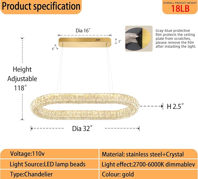 Led Ring Chandelier, Modern Linear Oval Chandelier for Dining Room 31.5in Gold Crystal Ring Pendant Light Dimmable 3000K-6000K