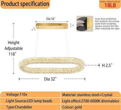 Led Ring Chandelier, Modern Linear Oval Chandelier for Dining Room 31.5in Gold Crystal Ring Pendant Light Dimmable 3000K-6000K