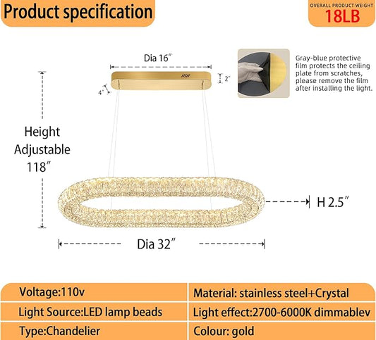 Led Ring Chandelier, Modern Linear Oval Chandelier for Dining Room 31.5in Gold Crystal Ring Pendant Light Dimmable 3000K-6000K