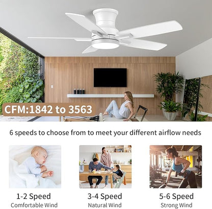 YUHAO 42 Inch Flush Mount White Ceiling Fan with Light and Remote Control.Noiseless,Dimmable,3CCT,6 Speeds Reversible, Low Profile DC Ceiling Fans for Indoor or Covered Outdoor Use,ETL Listed