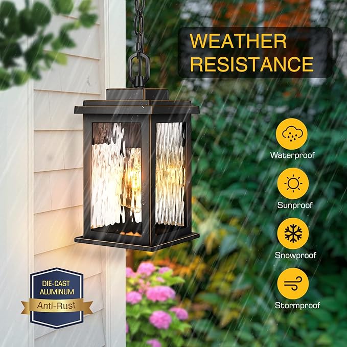 VIANIS Outdoor Pendant Light Fixture, Farmhouse Exterior Hanging Lights with Adjustable Chain, Anti-Rust Aluminum Frame with Temperate Water Glass, Hanging Lantern for Front Door Ceiling Entry Porch